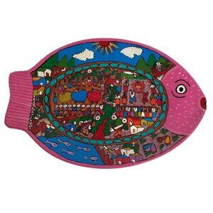 Vintage Mexican Folk Art Wall Hanging Fish Plate Terracotta. 15”x 10”